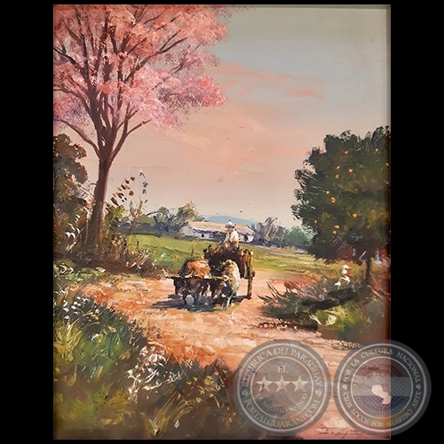 Paisaje con carreta y lapacho rosado - Obra de Juan Guerra Gaja